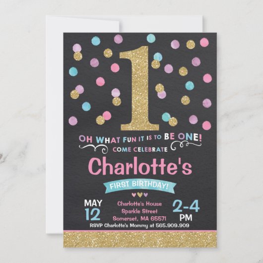 Meisje 1e verjaardag Uitnodiging Roze & Gold Confe (Voorkant)