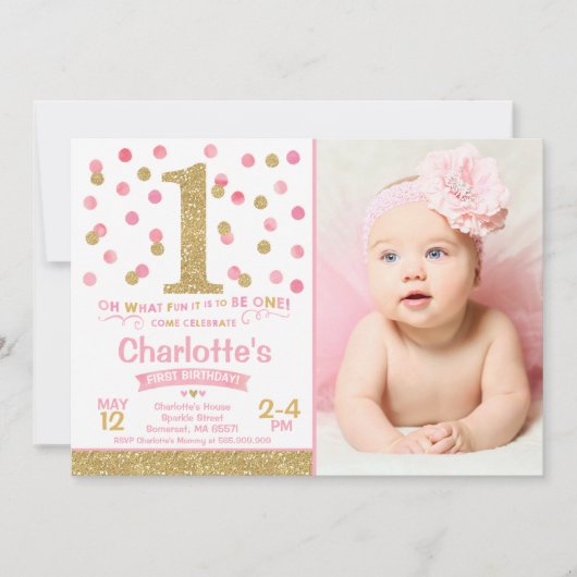 Meisje 1e verjaardag Uitnodiging Roze & Gold Confe (Voorkant)