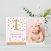 Meisje 1e verjaardag Uitnodiging Roze & Gold Confe (Staand voorkant)