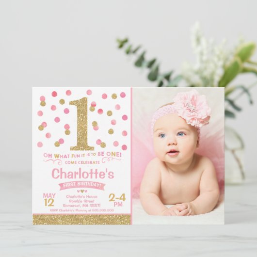 Meisje 1e verjaardag Uitnodiging Roze & Gold Confe (Staand voorkant)