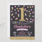 Meisje 1e Verjaardag Uitnodiging Roze & Gouden Con (Voorkant)