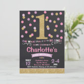 Meisje 1e Verjaardag Uitnodiging Roze & Gouden Con (Staand voorkant)