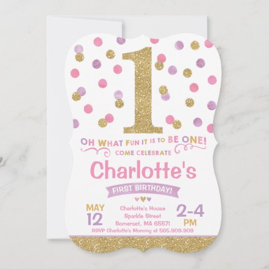 Meisje 1e Verjaardag Uitnodiging Roze & Gouden Con (Voorkant)