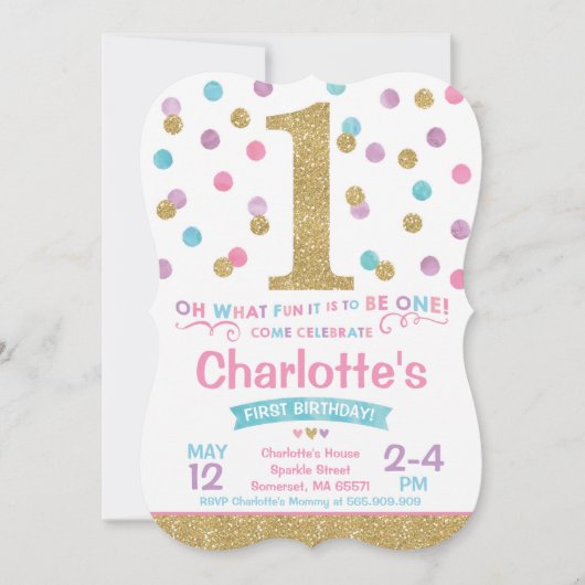 Meisje 1e Verjaardag Uitnodiging Roze & Gouden Con (Voorkant)