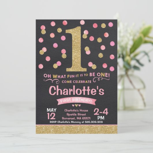 Meisje 1e Verjaardag Uitnodiging Roze & Gouden Con (Staand voorkant)