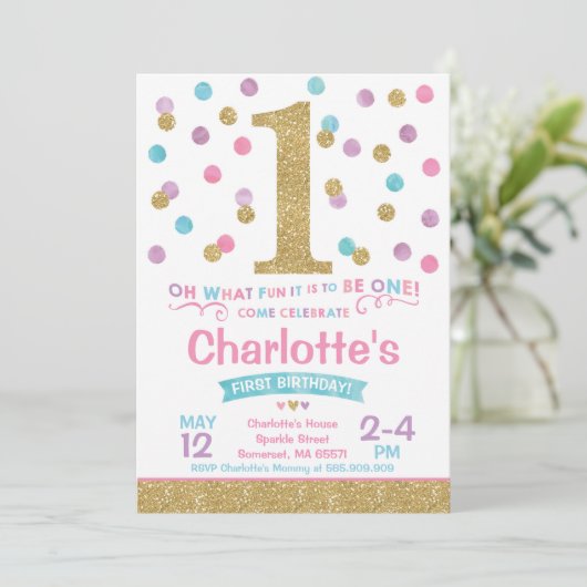 Meisje 1e Verjaardag Uitnodiging Roze & Gouden Con (Staand voorkant)