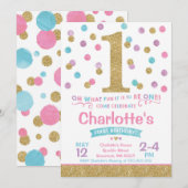 Meisje 1e Verjaardag Uitnodiging Roze & Gouden Con (Voorkant / Achterkant)