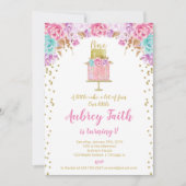 Meisje 1e verjaardag van roze gouden cake kaart (Voorkant)