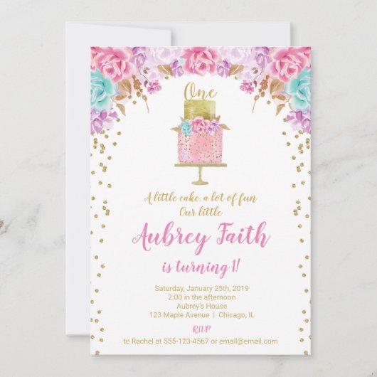 Meisje 1e verjaardag van roze gouden cake kaart (Voorkant)