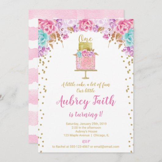 Meisje 1e verjaardag van roze gouden cake kaart (Voorkant / Achterkant)