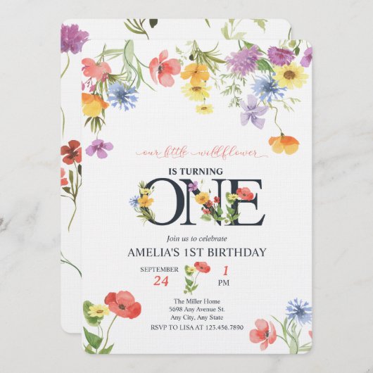 Meisje 1e Verjaardag | Wildflower Uitnodigingen (Voorkant / Achterkant)