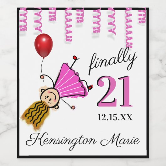 Meisje 21e Verjaardagsfeestje Mousserende Wijn of Wijn Etiket (Enkel label)