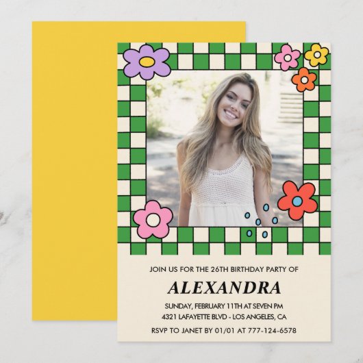 Meisje 26e verjaardag uitnodiging Retro Groovy Flo (Voorkant / Achterkant)