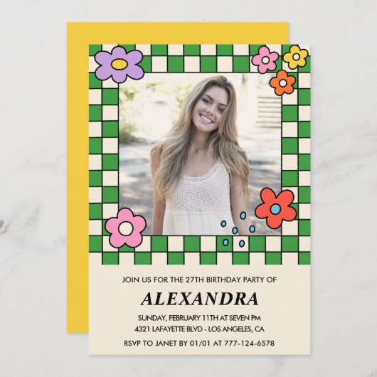 Meisje 27e verjaardag uitnodiging Retro Groovy Flo (Voorkant / Achterkant)