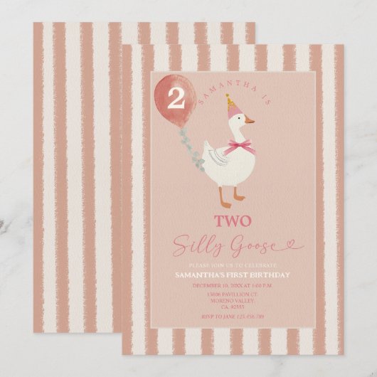 Meisje 2e Verjaardag Gekke Gans Uitnodiging (Voorkant / Achterkant)