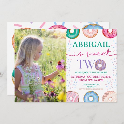 Meisje 2e verjaardag Uitnodiging twee zoete donut (Voorkant / Achterkant)