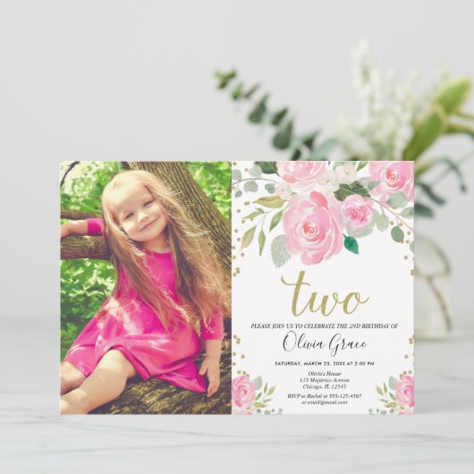 Meisje 2e verjaardag zwart roze goud florale elega kaart (Staand voorkant)