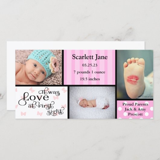 Meisje 3 Foto Collage-Aankondiging Geboorteaankond Aankondiging (Voorkant / Achterkant)