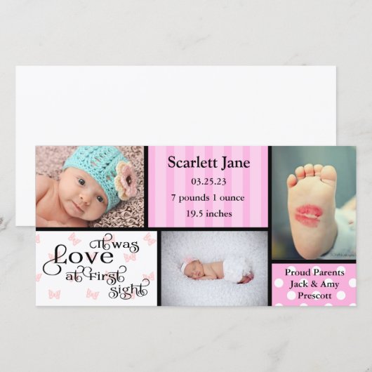 Meisje 3 Foto Collage-Geboorteaankondiging Fotokaa Aankondiging (Voorkant / Achterkant)