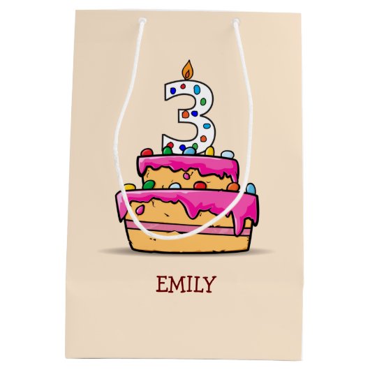 Meisje 3e verjaardag, 3 op de zoete roze Cake Medium Cadeauzakje (Achterkant)