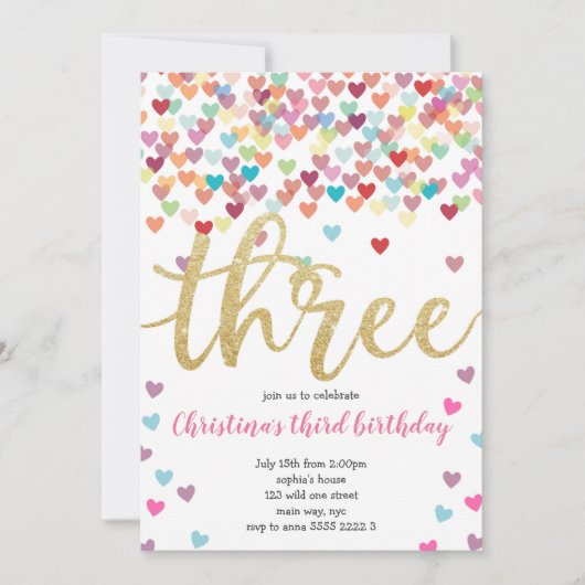Meisje 3e verjaardag Harten Confetti Regenboog Gli Kaart (Voorkant)