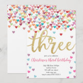 Meisje 3e verjaardag Harten Confetti Regenboog Gli Kaart (Voorkant / Achterkant)