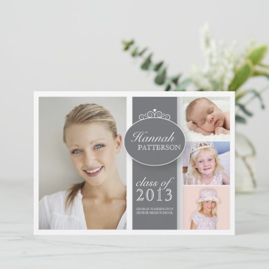  meisje 4 Foto in Gray Afstuderen Uitnodiging (Staand voorkant)