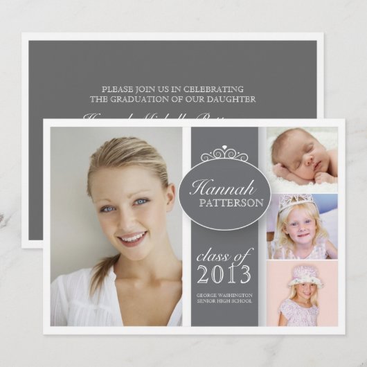  meisje 4 Foto in Gray Afstuderen Uitnodiging (Voorkant / Achterkant)