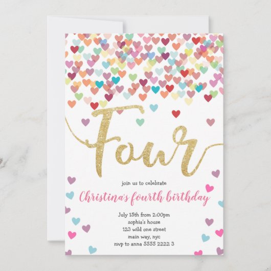 Meisje 4e Verjaardag Harten Confetti Regenboog Gli Kaart (Voorkant)
