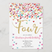 Meisje 4e Verjaardag Harten Confetti Regenboog Gli Kaart (Voorkant / Achterkant)