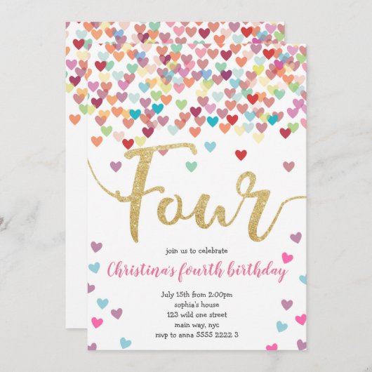 Meisje 4e Verjaardag Harten Confetti Regenboog Gli Kaart (Voorkant / Achterkant)