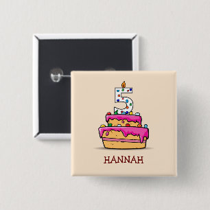 Meisje 5e verjaardag, 5 op zoete roze cake vierkante button 5,1 cm
