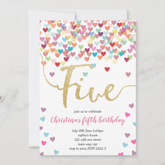 Meisje 5e Verjaardag Harten Confetti Regenboog Gli Kaart (Voorkant)