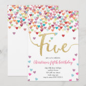 Meisje 5e Verjaardag Harten Confetti Regenboog Gli Kaart (Voorkant / Achterkant)