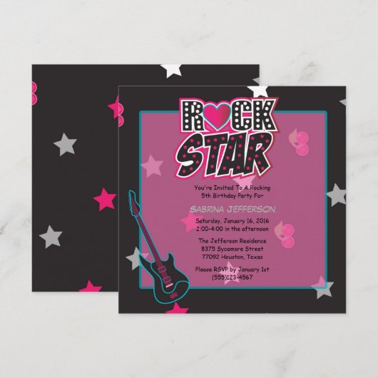 Meisje 5x5 Roze Rock Star Verjaardag Party Uitnodi Kaart (Voorkant / Achterkant)