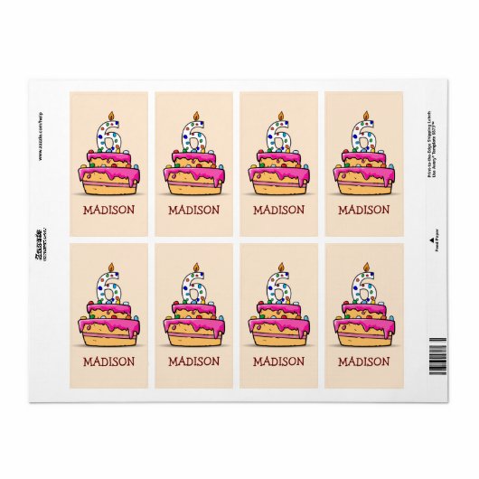 Meisje 6e verjaardag, 6 op de zoete roze Cake Etiket (Full Sheet)