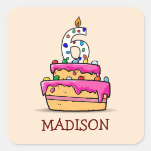 Meisje 6e verjaardag, 6 op de zoete roze Cake Vierkante Sticker