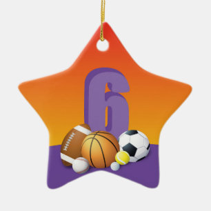 Meisje 6e verjaardag sportballen keramisch ornament