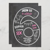 Meisje 6e verjaardag zesde bord roze kaart (Voorkant / Achterkant)