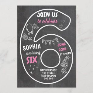 Meisje 6e verjaardag zesde bord roze kaart