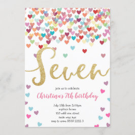 Meisje 7e Verjaardag Harten Confetti Regenboog Gli Kaart