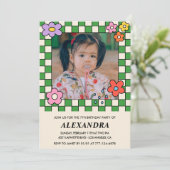 Meisje 7e verjaardag uitnodigingen Retro Groovy Bl (Staand voorkant)