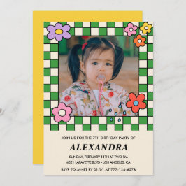 Meisje 7e verjaardag uitnodigingen Retro Groovy Bl