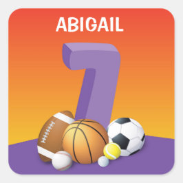 Meisje 7th Birthday Sports Balls Vierkante Sticker