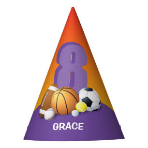 Meisje 8e verjaardag sportballen feesthoedjes