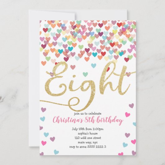 Meisje 8th Birthday Hearts Confetti Rainbow Glitte Kaart (Voorkant)