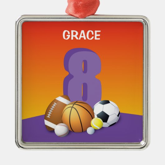 Meisje 8th Birthday Sports Balls Metalen Ornament (Voorkant)
