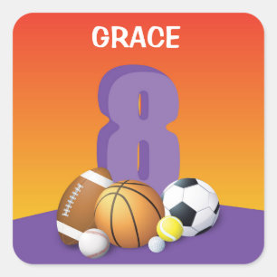 Meisje 8th Birthday Sports Balls Vierkante Sticker