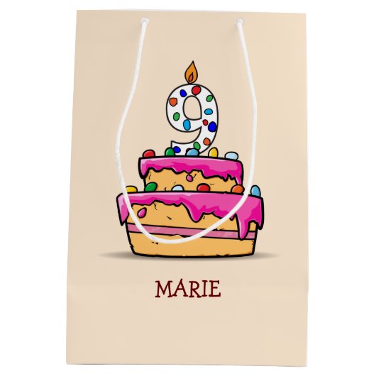 Meisje 9e verjaardag, 9 op de zoete roze Cake Medium Cadeauzakje (Achterkant)