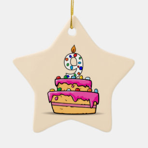 Meisje 9e verjaardag, 9 op zoete roze cake keramisch ornament